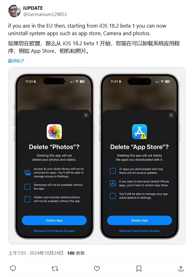 当涂苹果手机维修分享iOS 18.2 支持删除 App Store 应用商店 